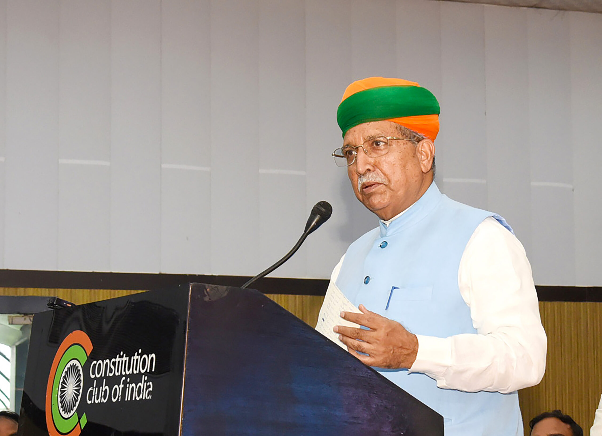 New Delhi: Minister of State (Independent Charge) for Law and Justice and Parliamentary Affairs Arjun Ram Meghwal addresses the Foundation Day celebrations of the National Commission for Safai Karamcharis (NCSK), in New Delhi, on Sunday, August 23, 2026. (Photo: IANS/PIB)