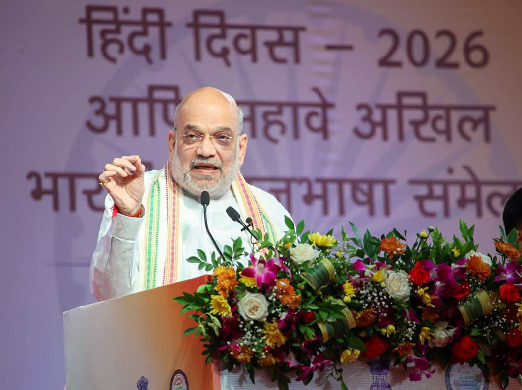 Mumbai: Union Home and Cooperation Minister Amit Shah speaks during the inaugural session of Hindi Diwas 2026 and the 6th Akhil Bharatiya Rajbhasha Sammelan in Mumbai, Monday, September 14, 2026. (Photo: IANS/X/@CMOMaharashtra)