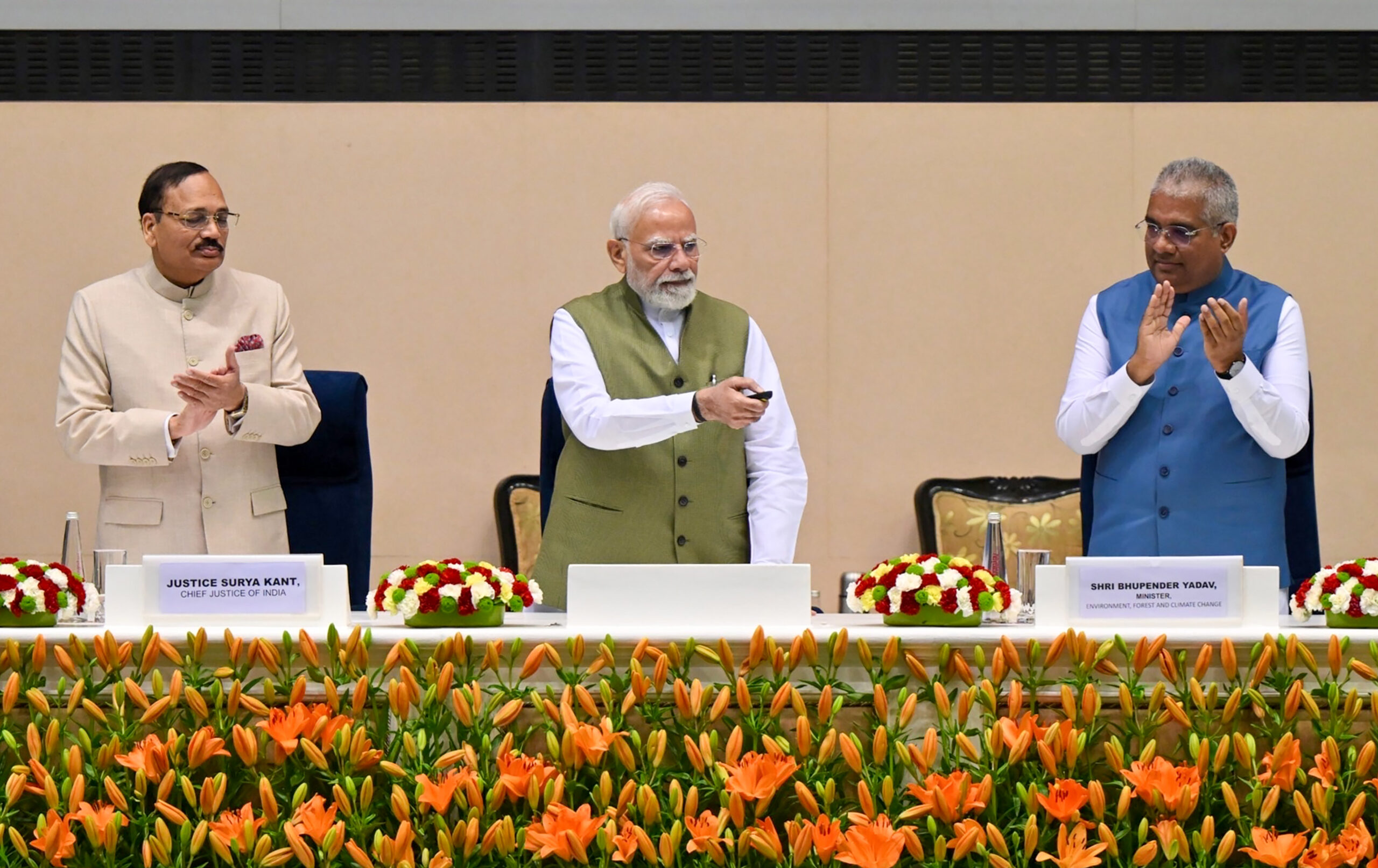 New Delhi: Prime Minister Narendra Modi inaugurates a two-day international conference on The Future of Environment and Climate Dynamics, organised by the National Green Tribunal at Vigyan Bhawan in New Delhi on Saturday, September 19, 2026. Union Minister for Environment, Forest and Climate Change Bhupender Yadav and Chief Justice of India Surya Kant are also present. (Photo: IANS/PMO)