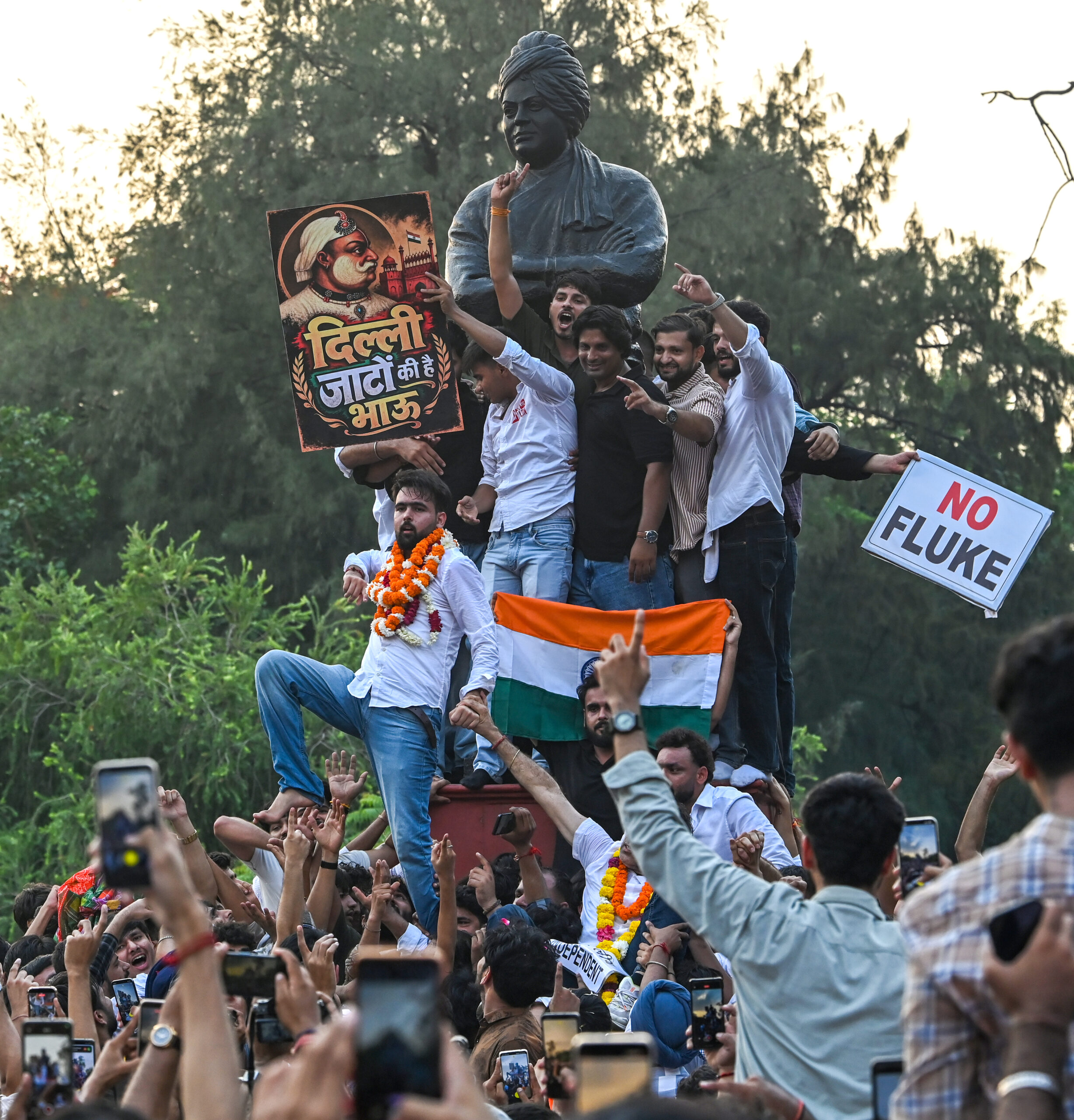 New Delhi: Independent candidate Deepanshu Shokeen celebrates with supporters after winning the Vice President post in the Delhi University Students’ Union (DUSU) elections 2026 in New Delhi on Saturday, September 19, 2026. (Photo: IANS/Deepak Kumar)