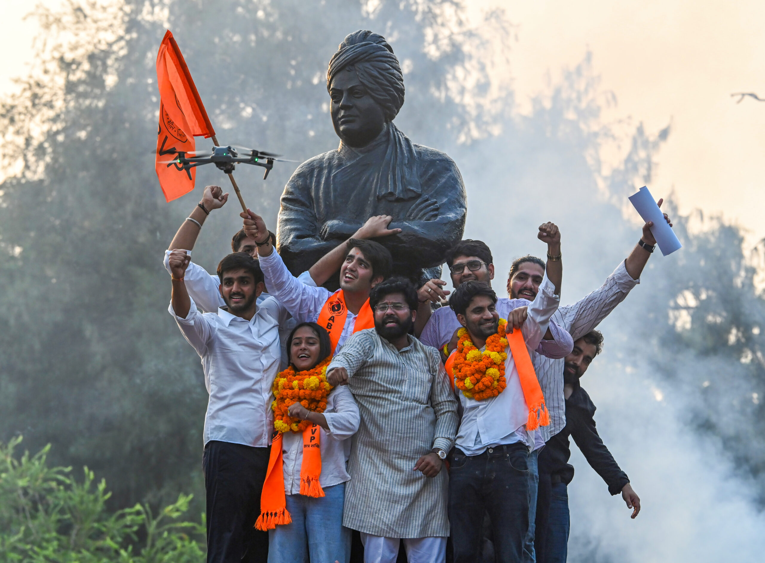 New Delhi: ABVP candidates Yash Dabas, Riya Chhawdi and Lakshya Raj Singh celebrate with supporters after winning the President, Secretary and Joint Secretary posts respectively in the Delhi University Students’ Union (DUSU) elections 2026 in New Delhi on Saturday, September 19, 2026. (Photo: IANS/Deepak Kumar)