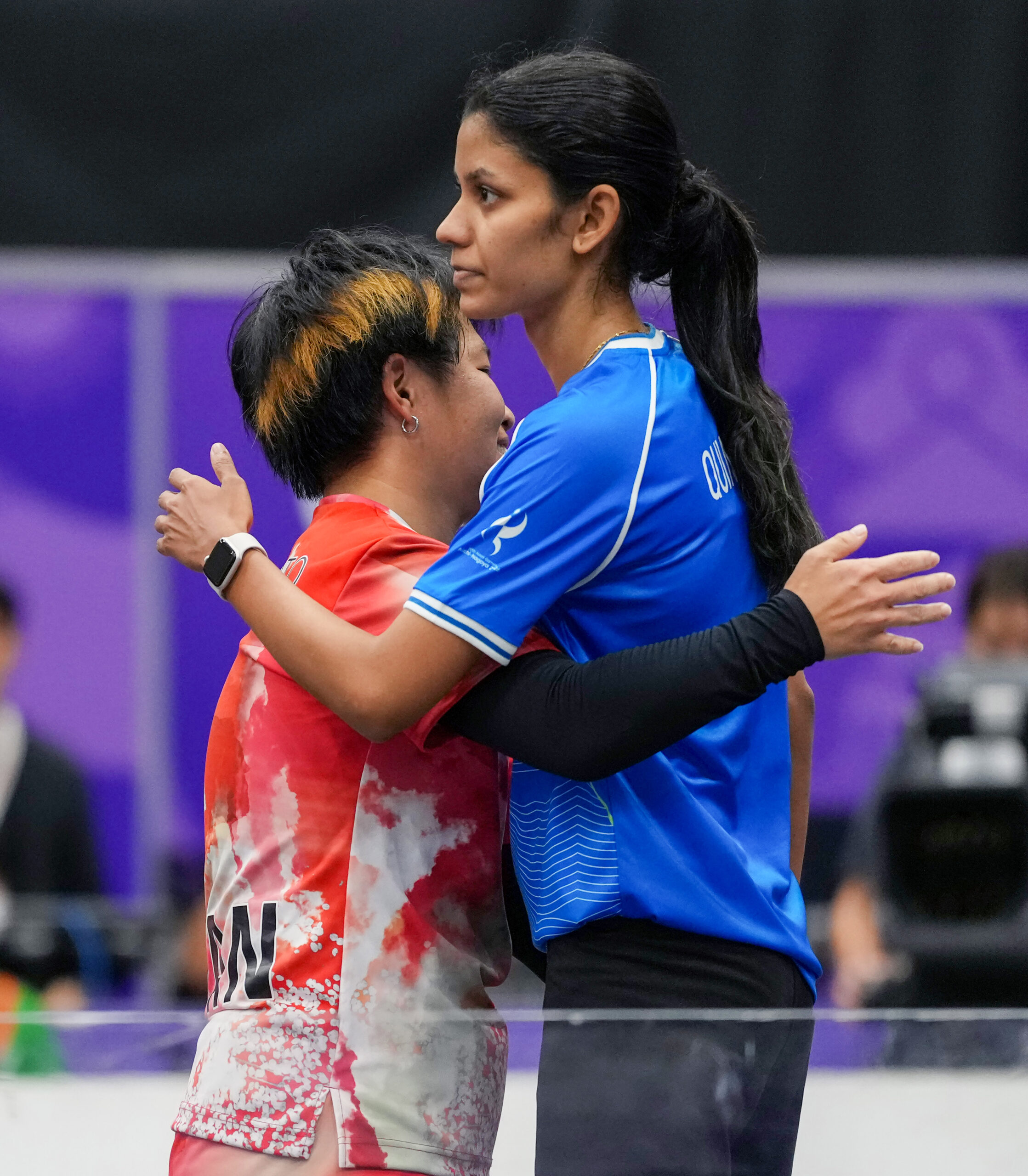 Nagoya: Quimcy Joaquim Dsouza (R) greets Yuina Sakamoto after the teqball women's singles bronze medal match between Yuina Sakamoto of Japan and Quimcy Joaquim Dsouza of India at the 20th Asian Games Aichi-Nagoya 2026 in Nagoya, Japan, Sept. 20, 2026. (Photo: Xinhua via IANS)