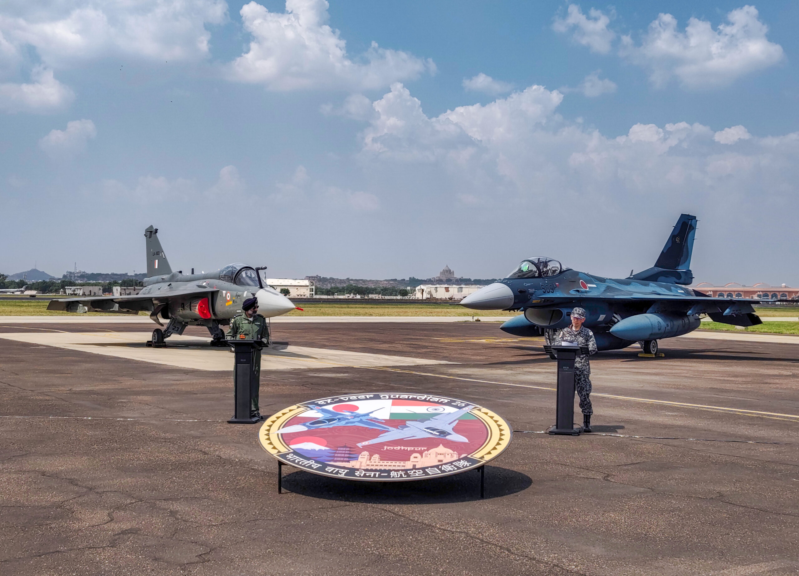 Jodhpur: Indian Air Force chief Air Chief Marshal Amar Preet Singh and Japan Air Self-Defense Force (JASDF) Chief of Staff, General Takehiro Morita, during Exercise Veer Guardian 2026 at Air Force Station Jodhpur in Rajasthan on Sunday, September 20, 2026. (Photo: IANS)