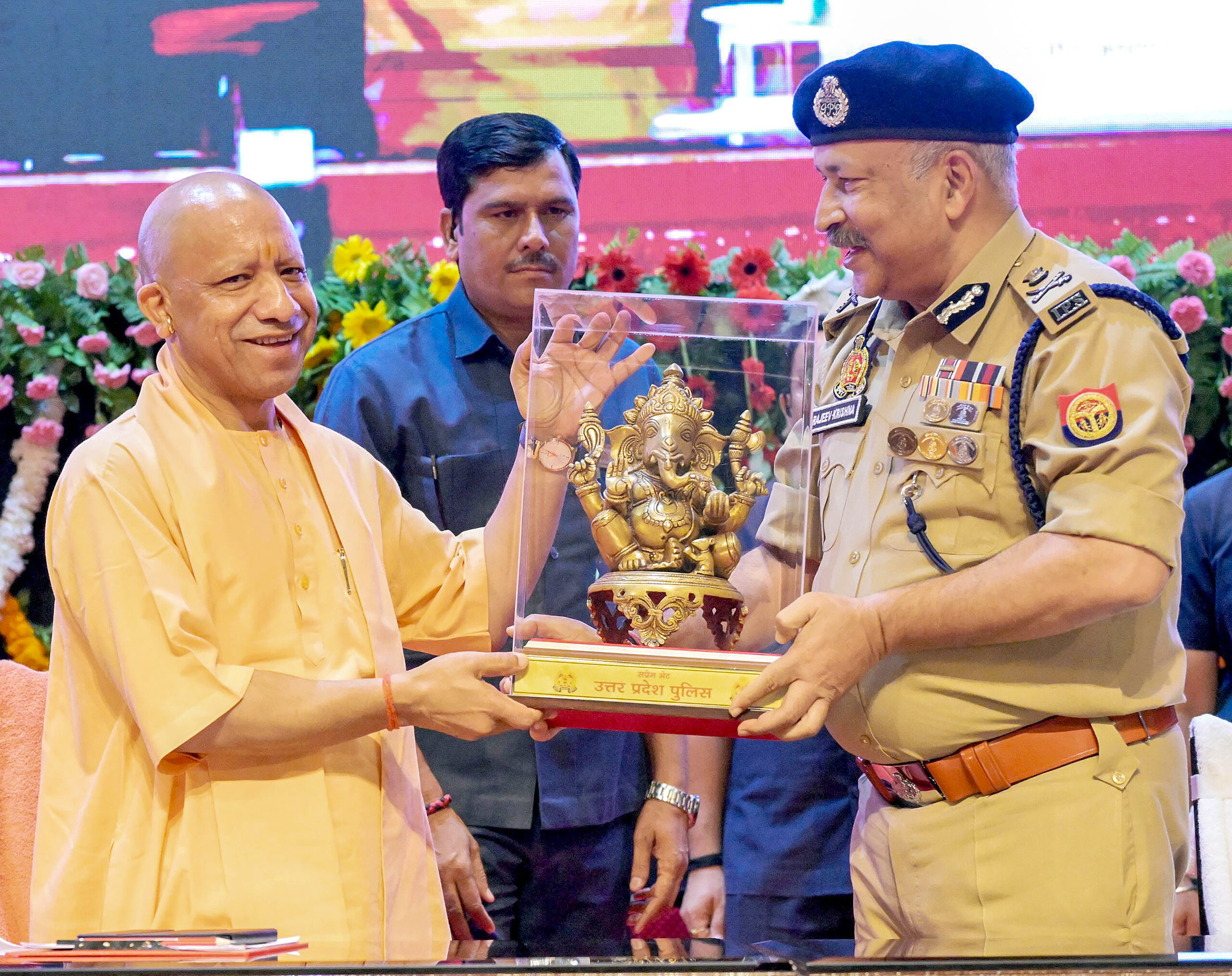 Lucknow: Uttar Pradesh Chief Minister Yogi Adityanath with the Director General of Police (DGP) of Uttar Pradesh, Rajeev Krishna, during the distribution of appointment letters to 912 selected candidates for the posts of Police Sub-Inspector (Confidential), Police Assistant Sub-Inspector (Clerk) and Police Assistant Sub-Inspector (Accounts) under the Clerical Cadre 2023 direct recruitment in Lucknow on Sunday, September 20, 2026. (Photo: IANS/X/@myogiadityanath)