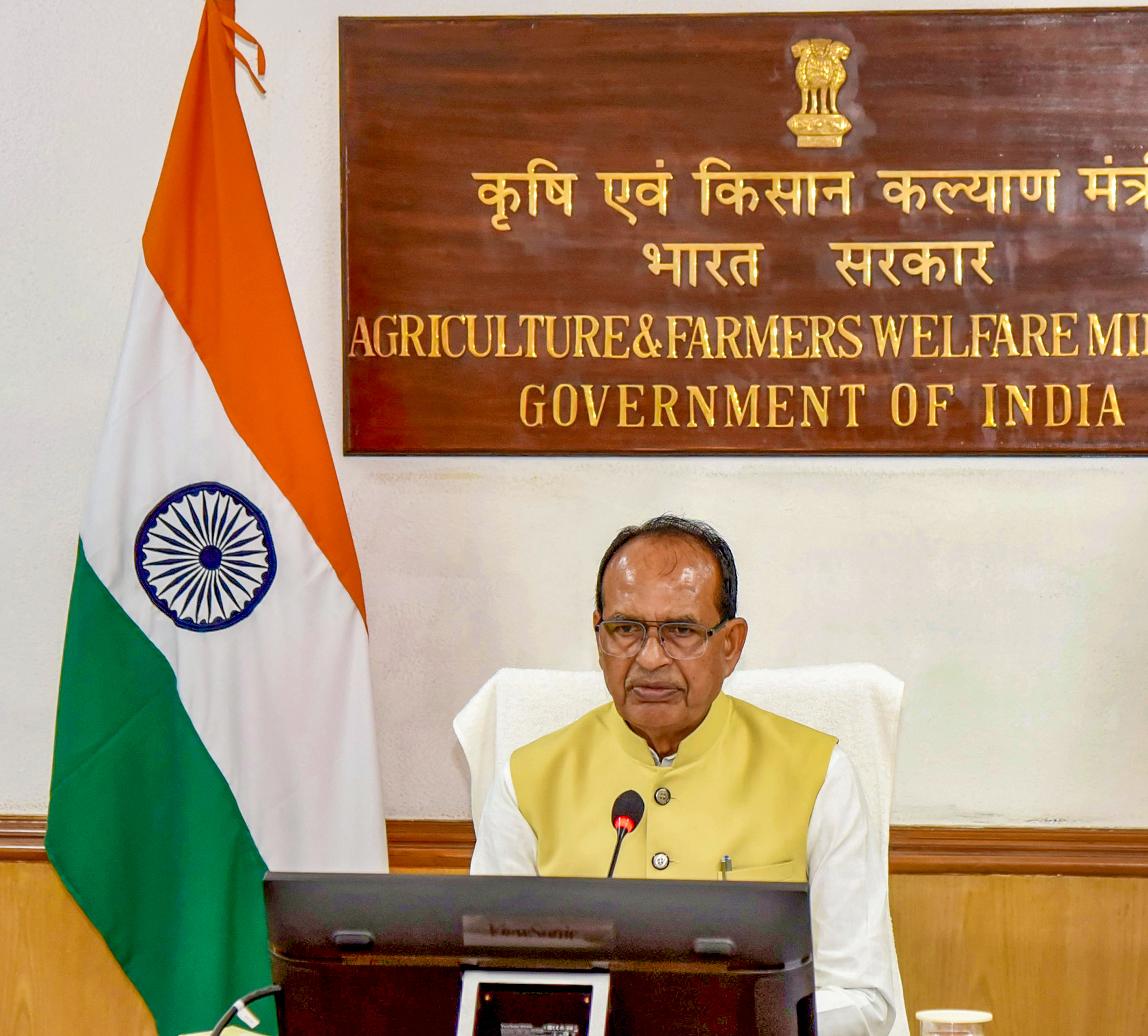 New Delhi: Union Agriculture and Farmers Welfare Minister Shivraj Singh Chouhan chairs a review meeting with state agriculture ministers, agriculture secretaries, district collectors and officials at Krishi Bhawan to discuss possible El Niño scenarios and their impact on agriculture in New Delhi on Tuesday, June 23, 2026. (Photo: IANS/X/@ChouhanShivraj)