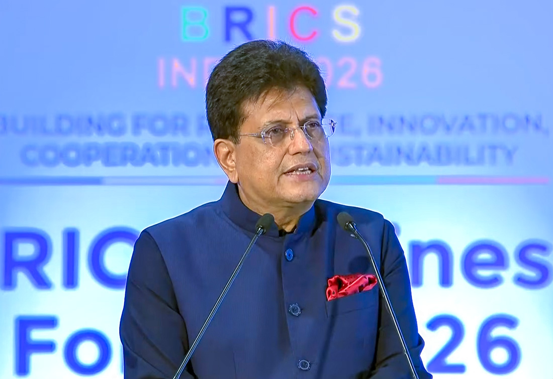 New Delhi: Union Minister for Commerce and Industry Piyush Goyal speaks during the BRICS Business Forum 2026 at Bharat Mandapam in New Delhi, Friday, September 11, 2026. (Photo: IANS/Video Grab)