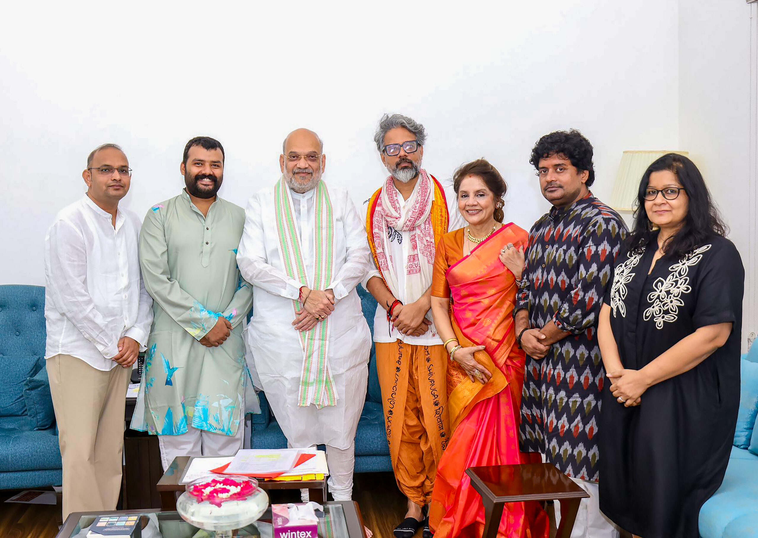 New Delhi: Union Home Minister Amit Shah meets the cast and team of the film Hanuman Ansh, based on the life of Baba Neem Karoli, in New Delhi on Monday, September 21, 2026. (Photo: IANS/X/@AmitSha