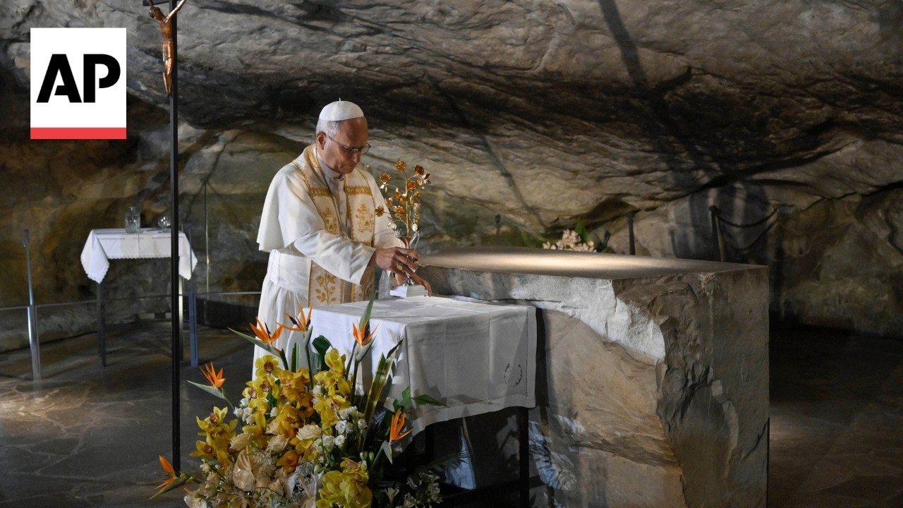 Pope Leo XIV prays at the Grotto of the Apparitions in Lourdes during France trip (Video)