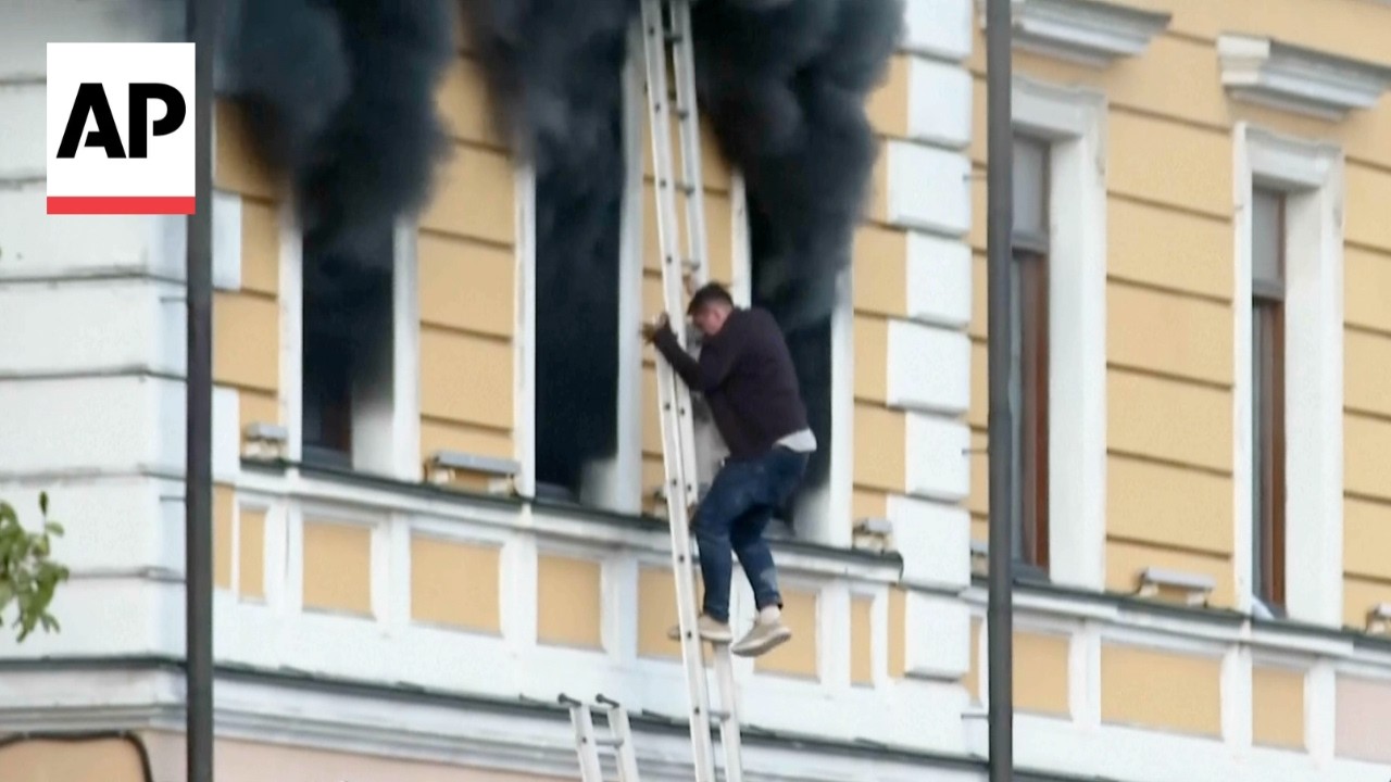 People escape science academy building hit by Russian drone in Ukraine's Kyiv (Video)