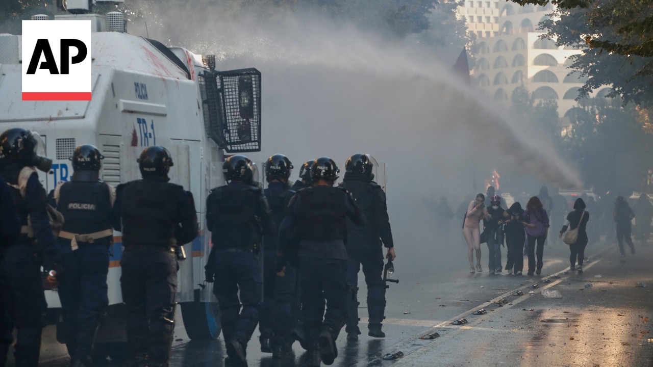 Police use tear gas and water cannons to push back protesters in Albania (Video)